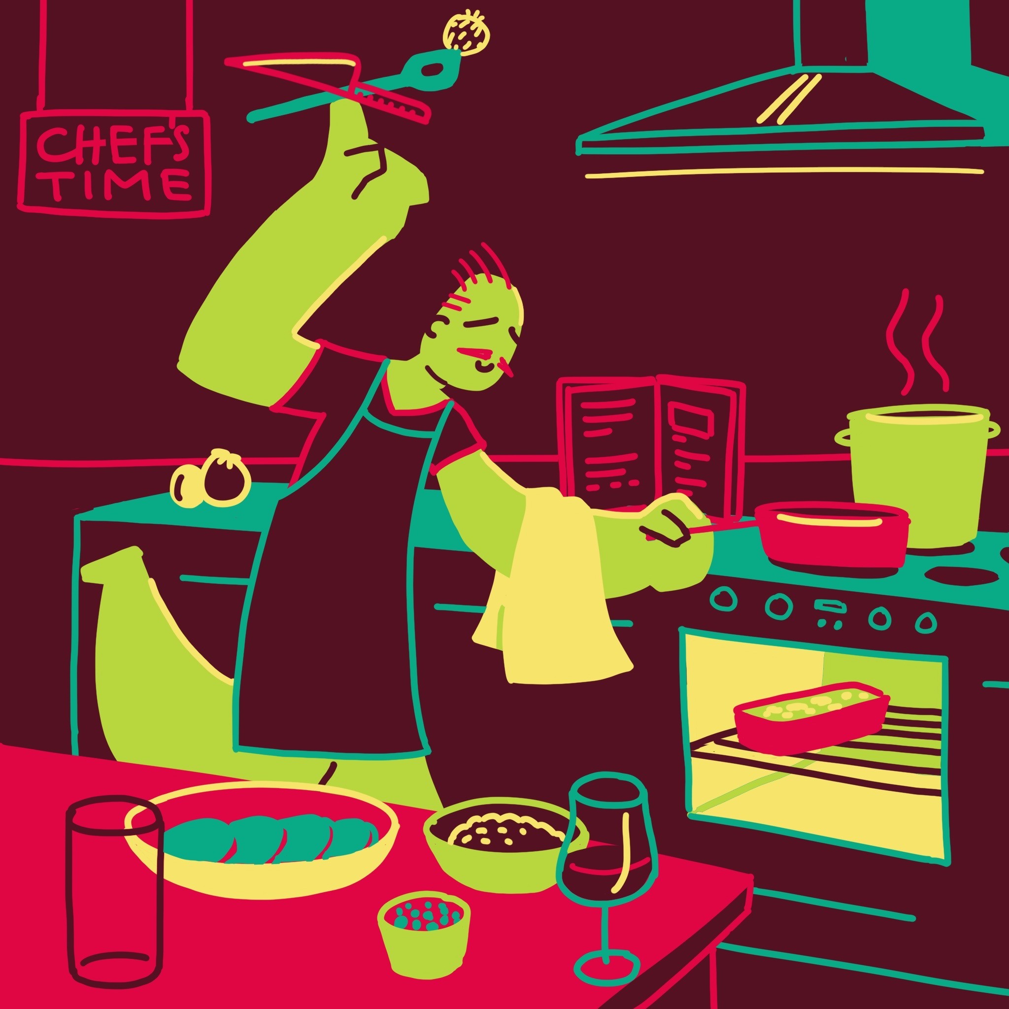 Funny illustration that shows a man enjoying cooking by himself in the kitchen without the bother of anyone.