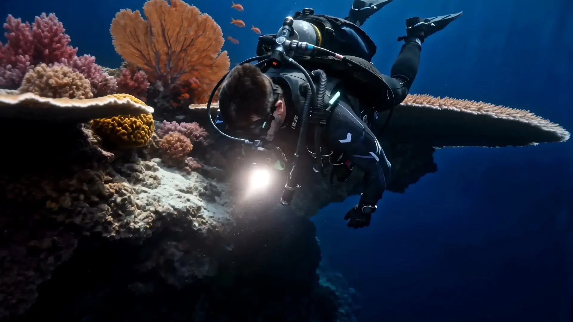 Diver in blue water above the reef