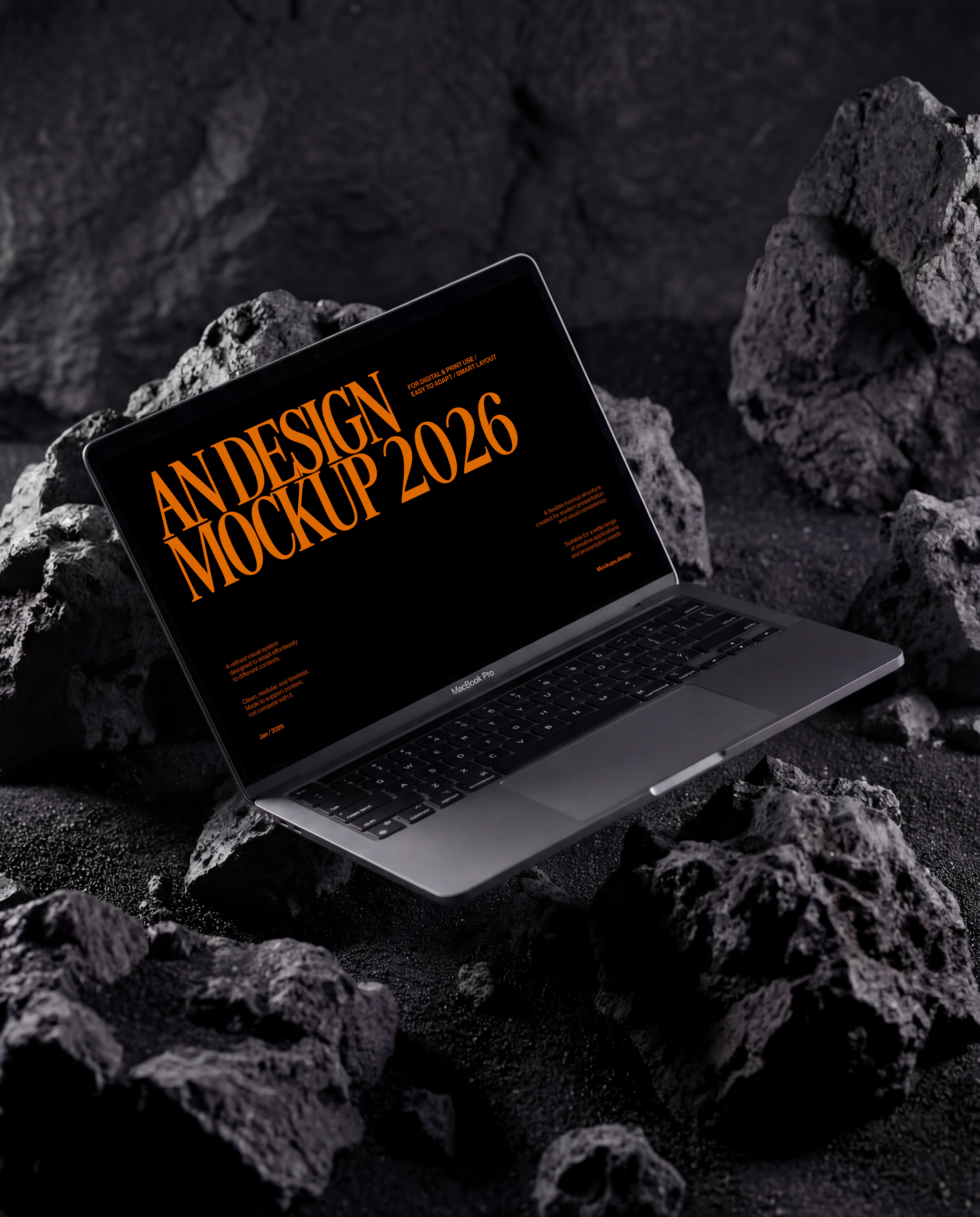 Laptop mockup on dark rock surface, realistic display