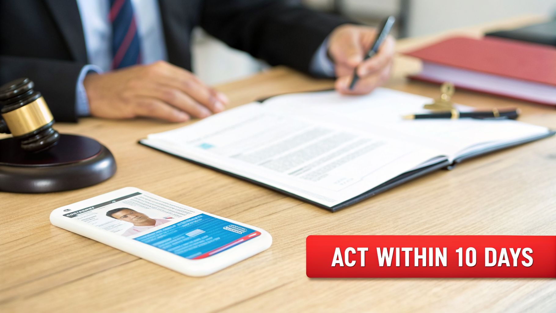 A lawyer signs legal documents on a desk with a gavel, smartphone, and 'ACT WITHIN 10 DAYS' banner.