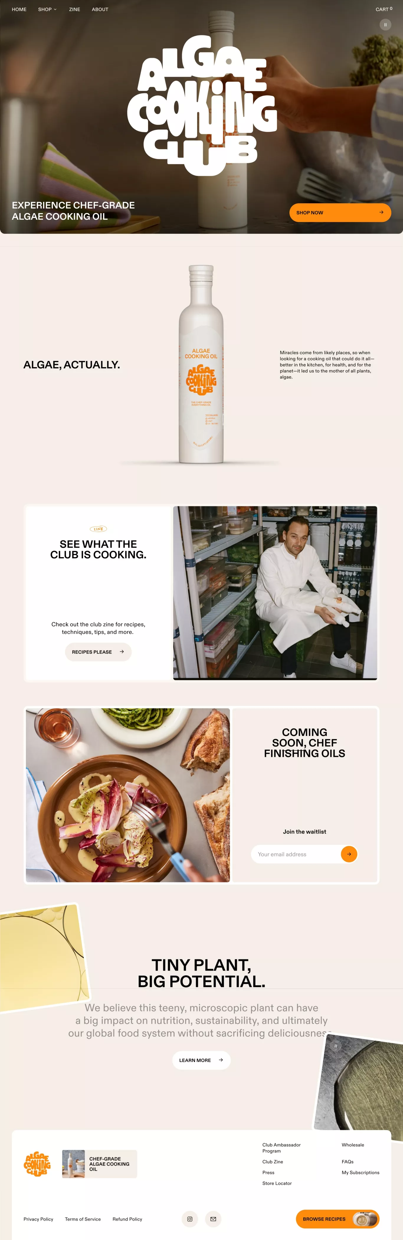 Algae Cooking Club landing page screenshot showcasing Food & Drinks and Ecommerce design