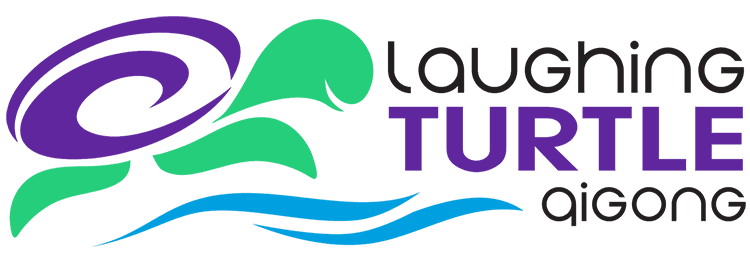 Laughing Turtle Qigong logo: a stylized green turtle with a purple shell on top of a blue wave, with the words Laughing Turtle Qigong to the right. "Turtle" is capitalized and in purple.