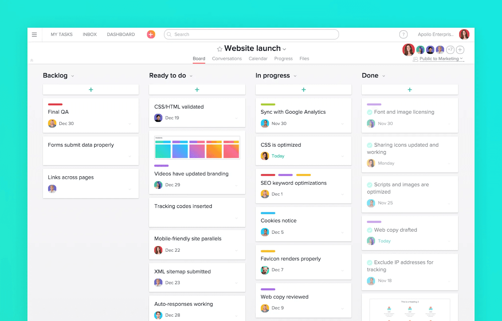 Asana's board interface showing a website launch