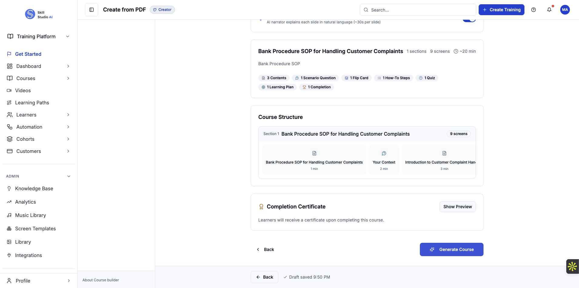 Click Generate Course to let the AI create your full training content from the uploaded document.