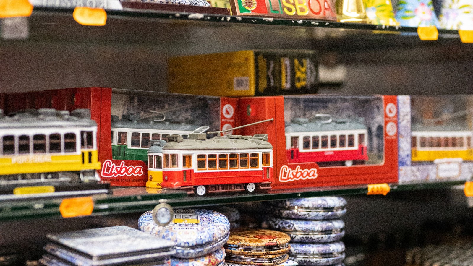 Colourful Lisbon souvenir shop with model trams