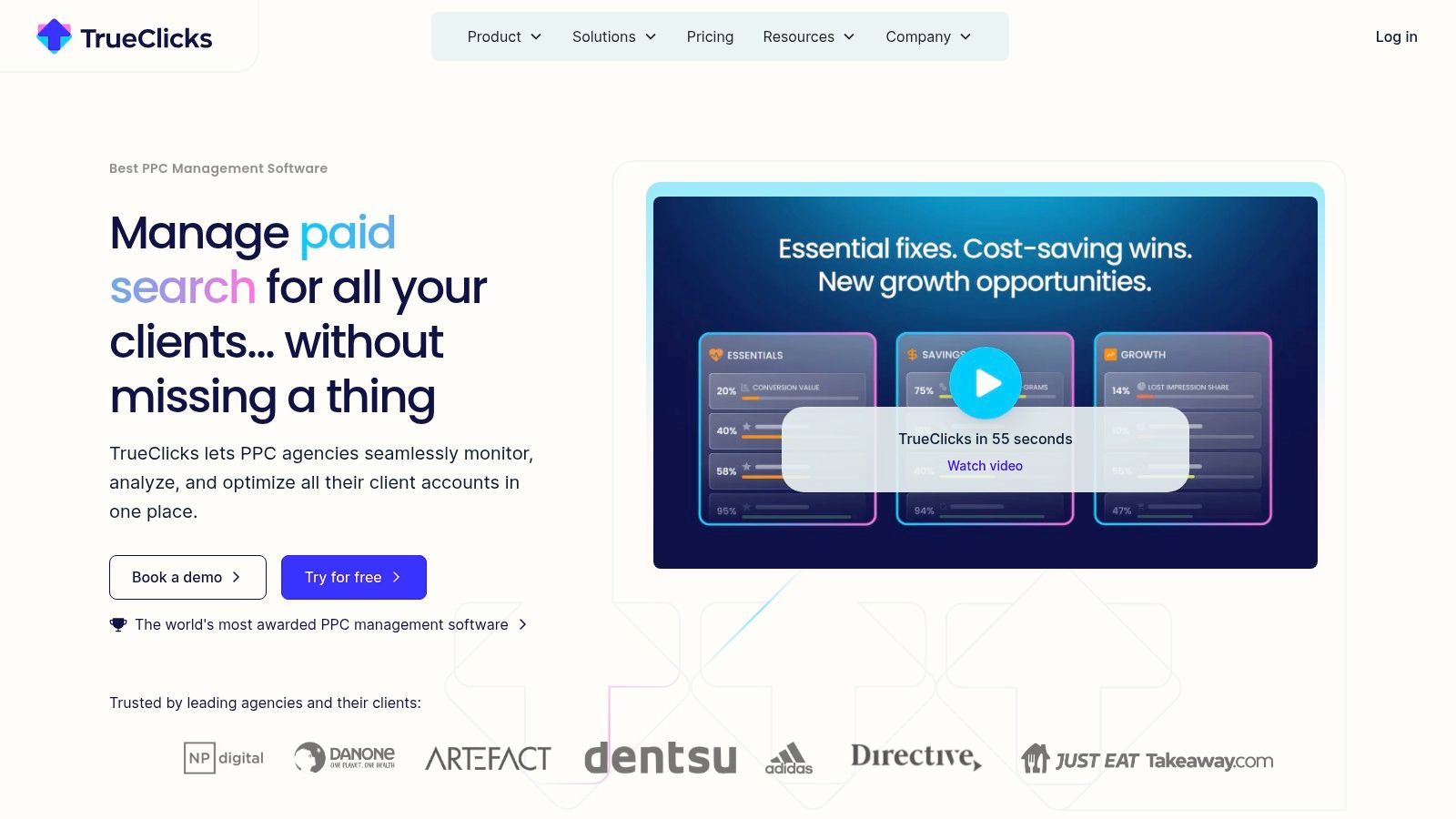 The TrueClicks dashboard showing account health scores, audit checks, and performance metrics for PPC campaigns.