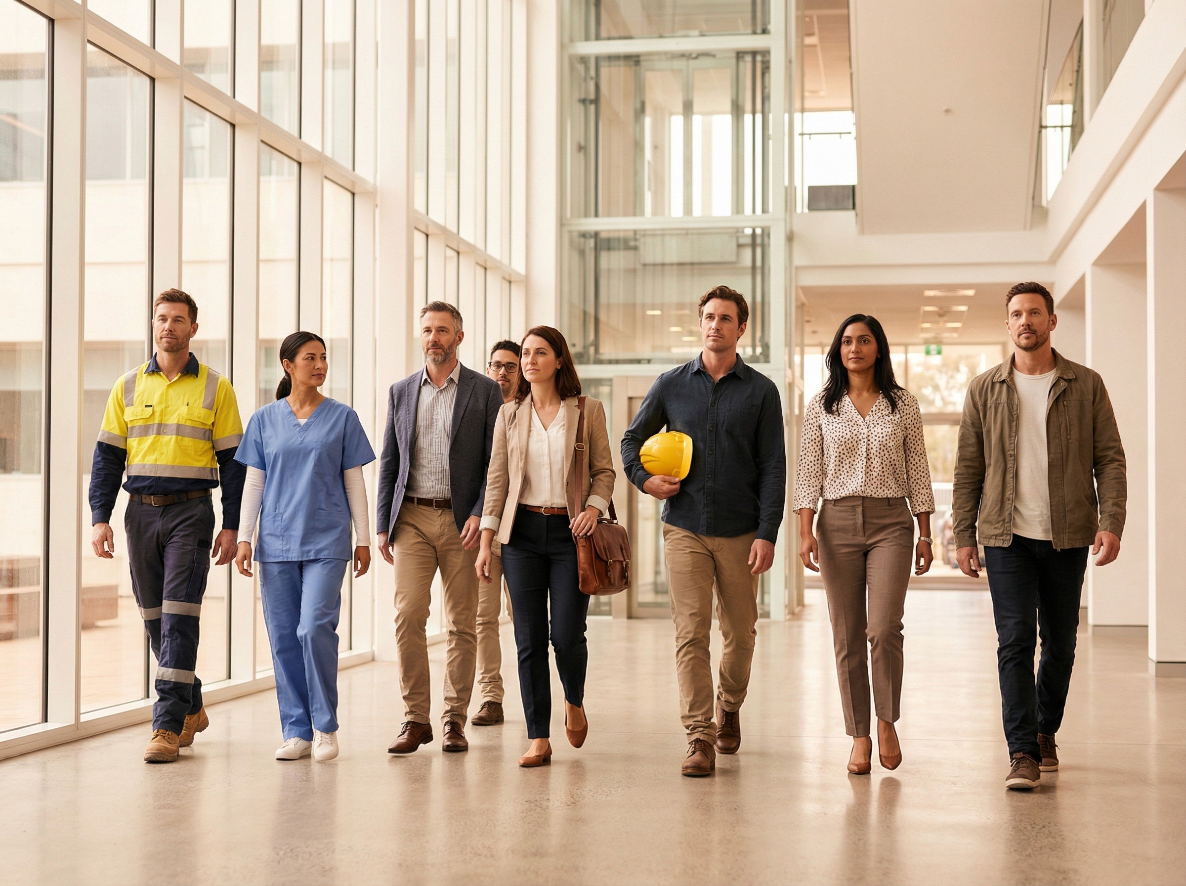 A warm, grounded shot of a diverse group of seven or eight Australian workers mid-stride, walking together through a wide, light-filled corridor in a modern workplace — not marching, not posed, but moving naturally in the same direction at roughly the same pace, each in their own rhythm. The group spans roles visibly: one in hi-vis, one in scrubs, one in a collared shirt, one in smart-casual, one carrying a hardhat at their side. They are not looking at each other or at the camera. Each is moving forward with their own purpose, but the collective motion creates a visual sense of coordinated movement.