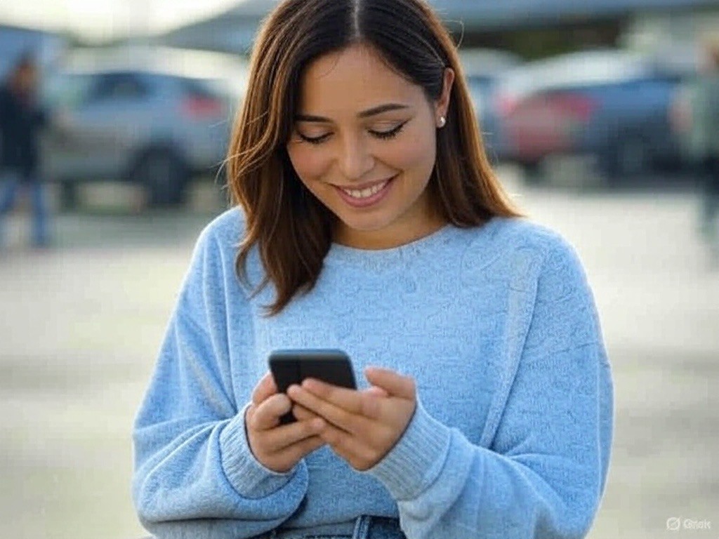 Person using a phone in a car park with a smile