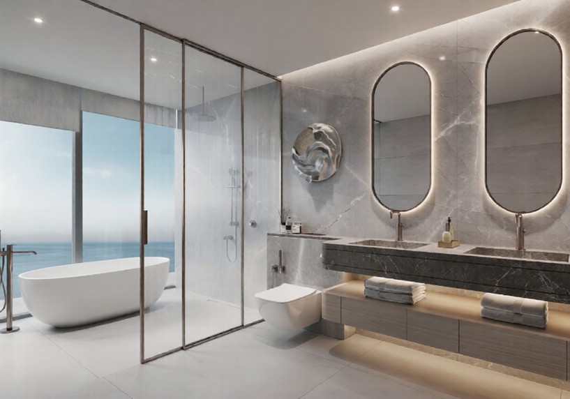 Luxurious bathroom in the Hilton Residences with marble surfaces, a glass shower, dual mirrors, and a freestanding tub by the sea.
