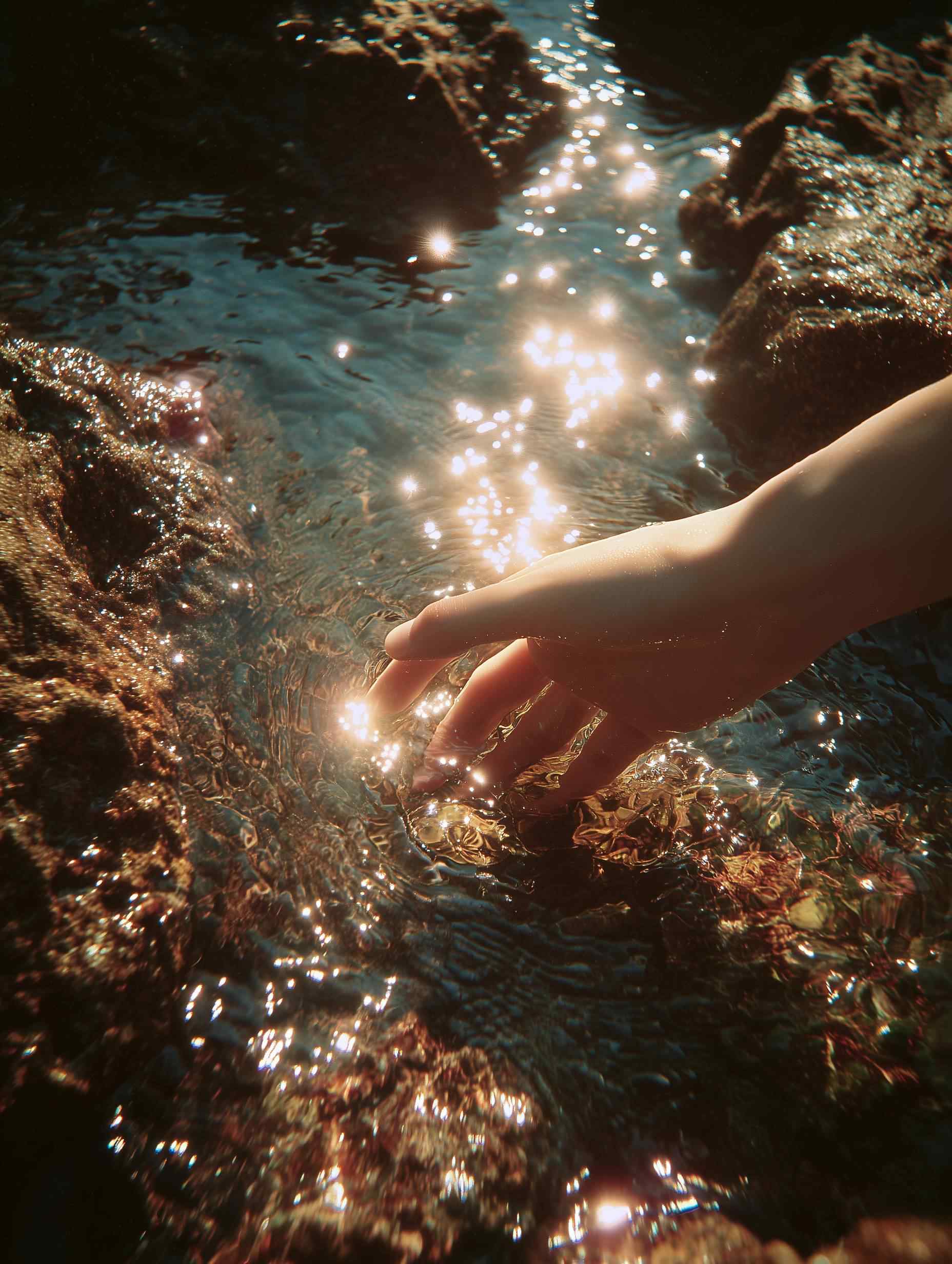 Hand in sparkling water surrounded by golden rocks