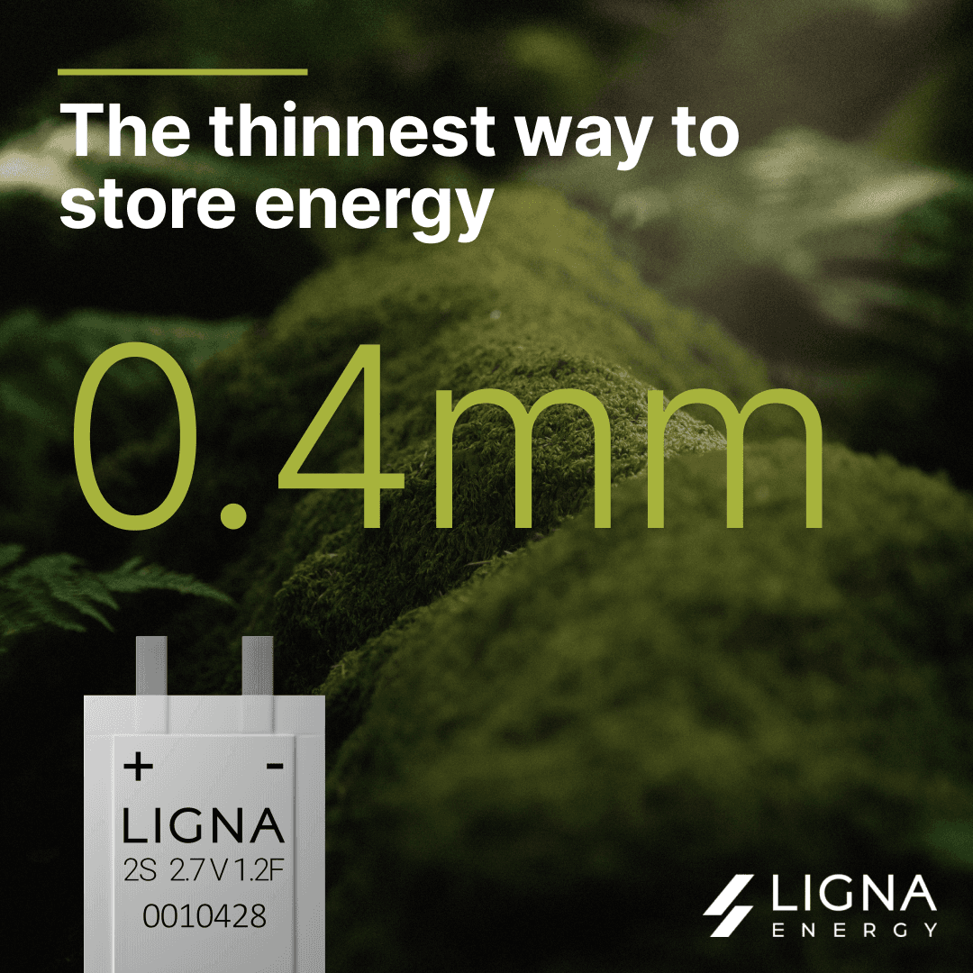 A digital advertisement promoting thin energy storage technology, featuring a product graphic over a green, moss-like background.