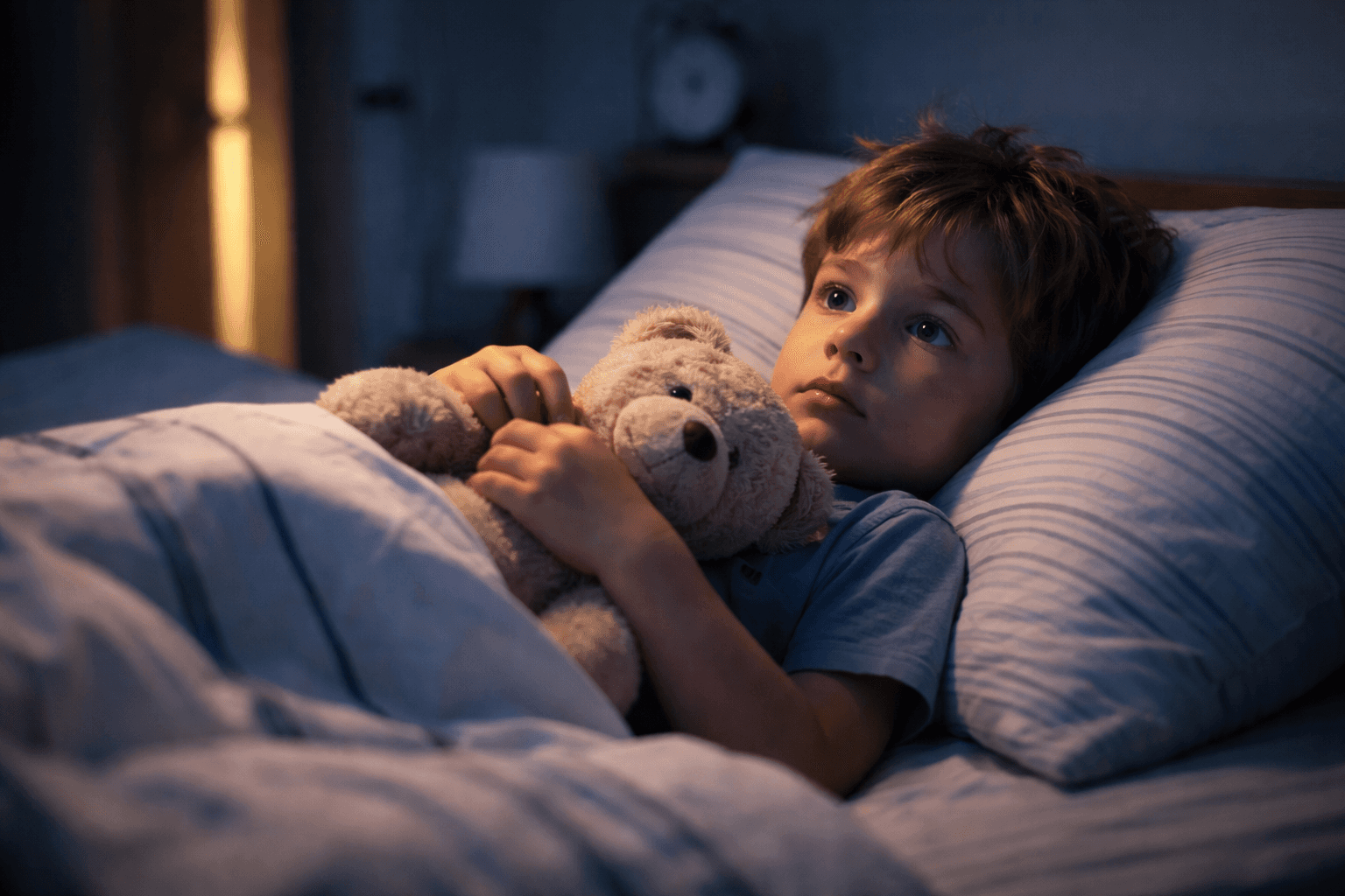 Young child lying in bed looking anxious in a dimly lit bedroom