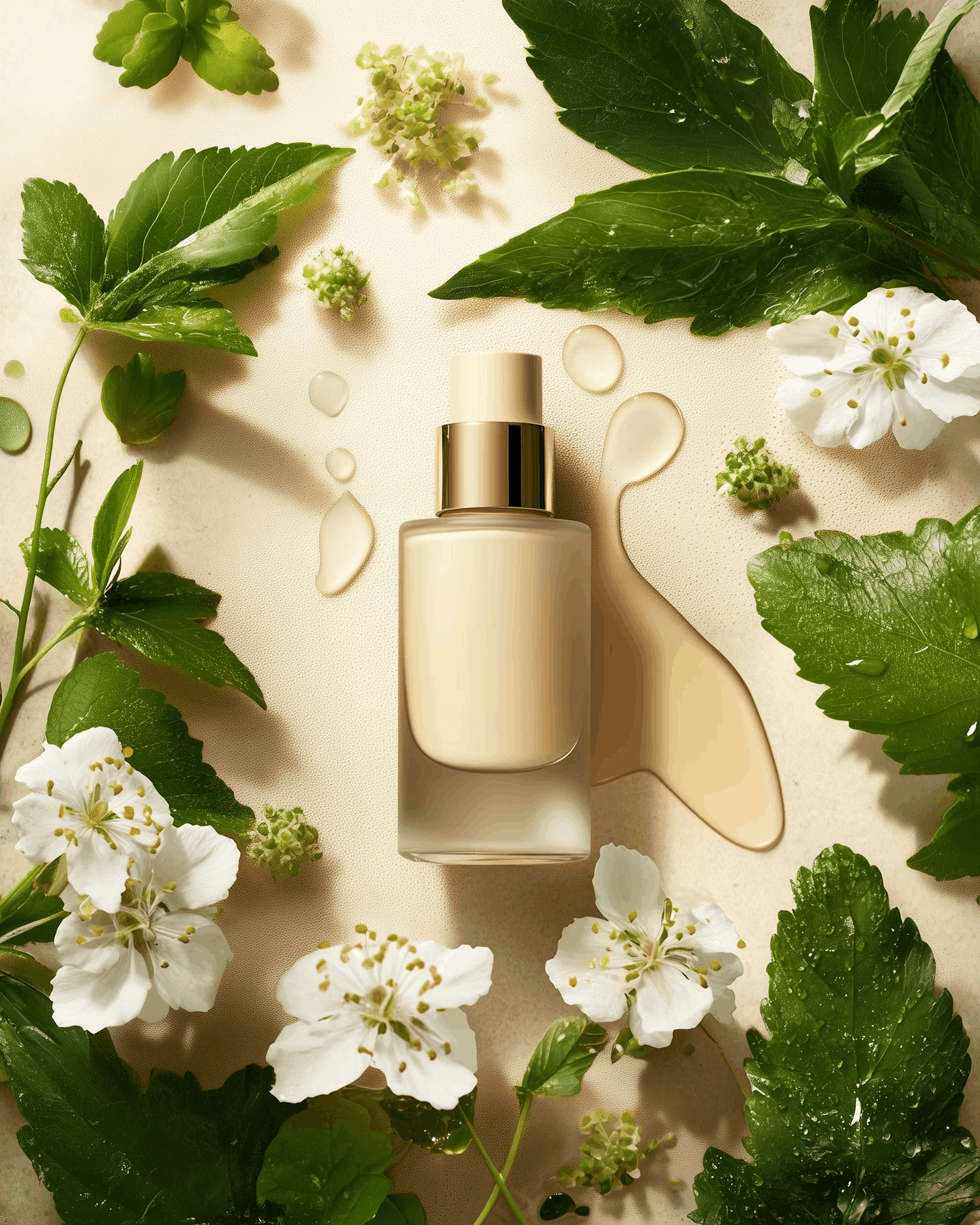 Cosmetic bottle surrounded by green leaves and flowers representing branding project