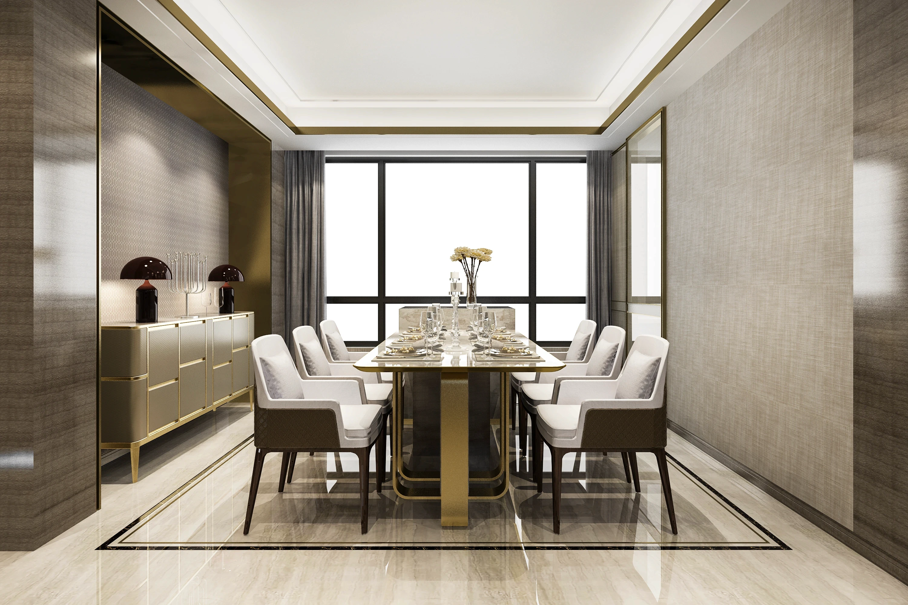Elegant dining room set with a modern table and chairs against a textured accent wall.