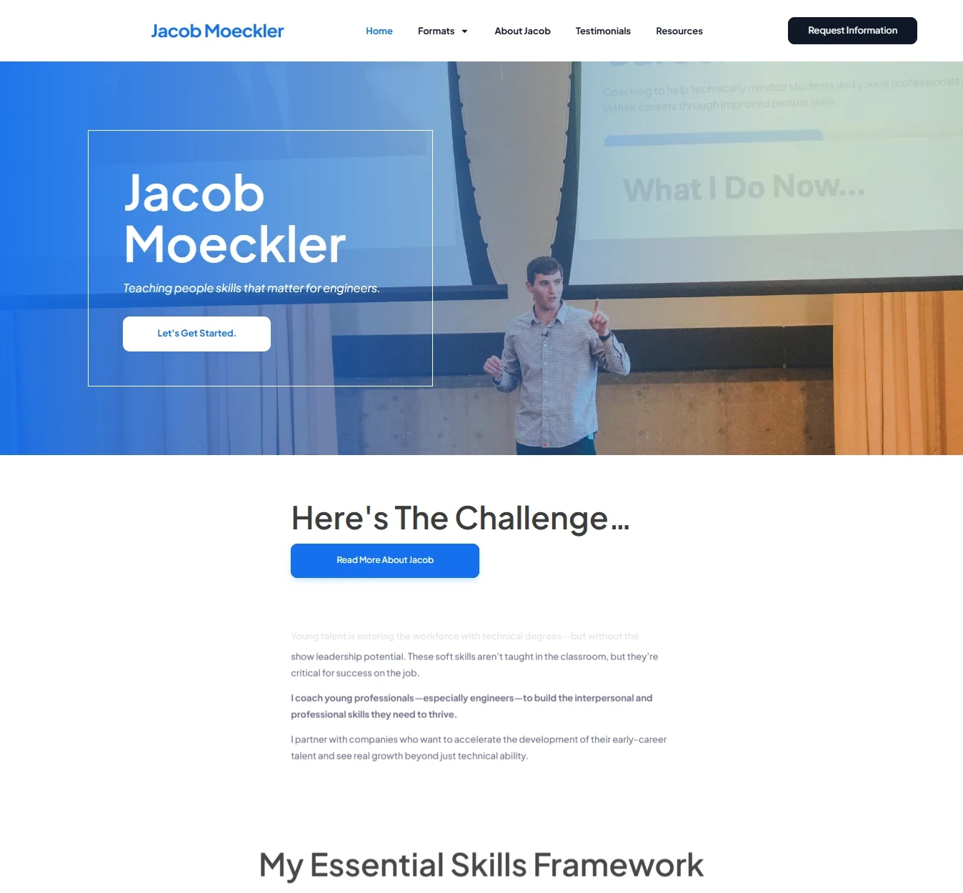 Jacob Moeckler website design preview – professional speaker and coach web design by RJP.design Web Design Agency NYC, focused on leadership and communication training for engineers.
