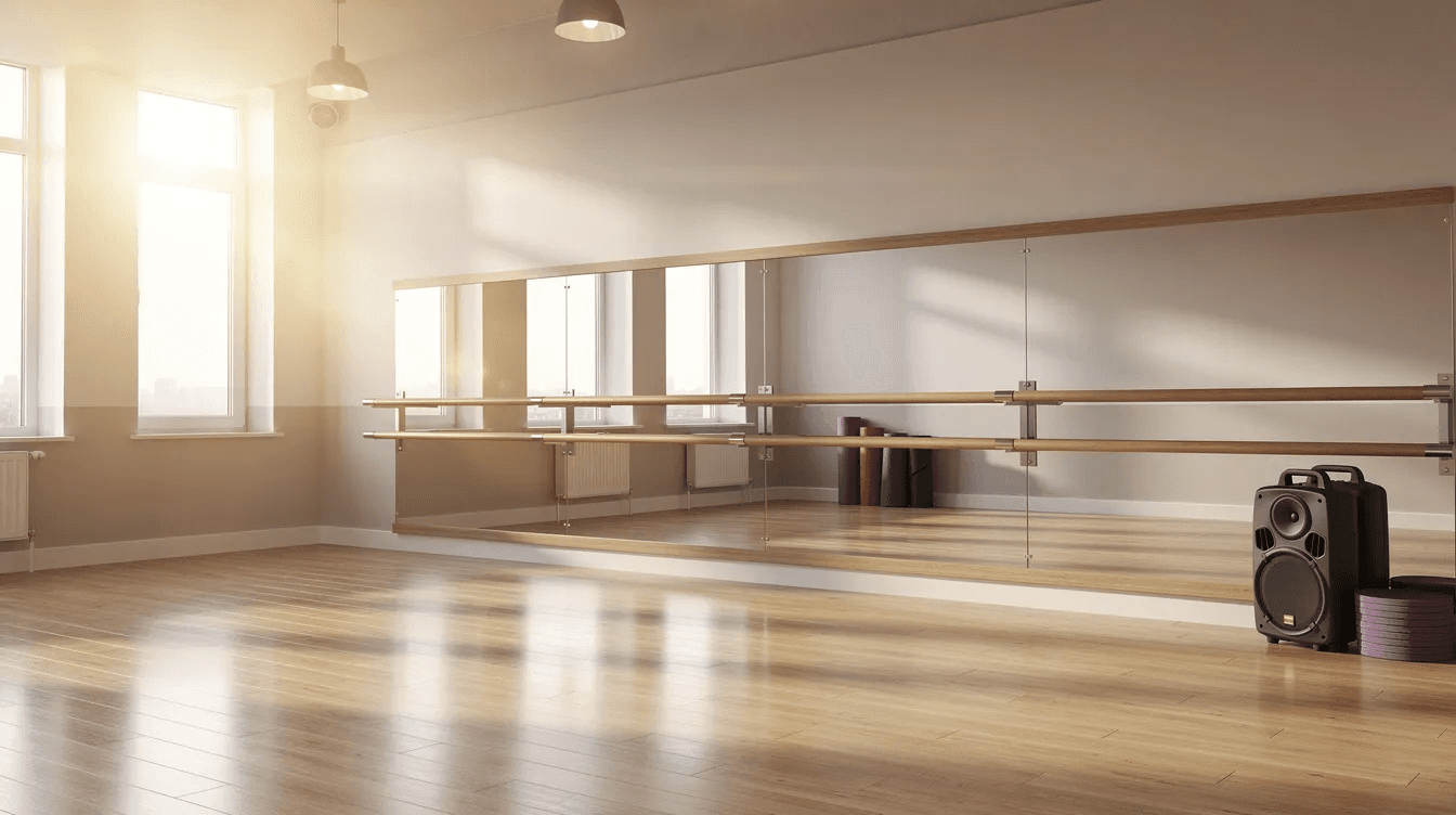 The image depicts the interior of a dance studio featuring warm lighting and polished wooden floors, with ballet barres neatly aligned along the walls. The inviting atmosphere is ideal for dance practice and performance, encouraging creativity and movement.