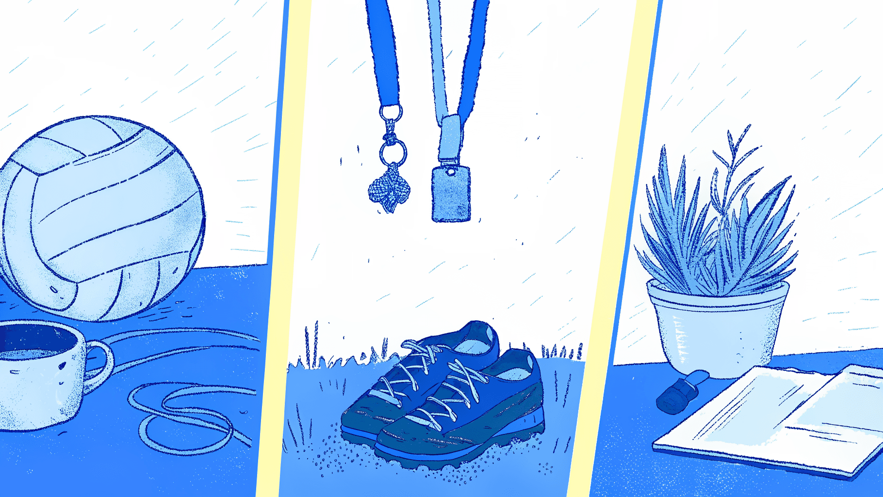 Three mud volleyball squad personality types shown as punny, gritty, and fierce vignettes