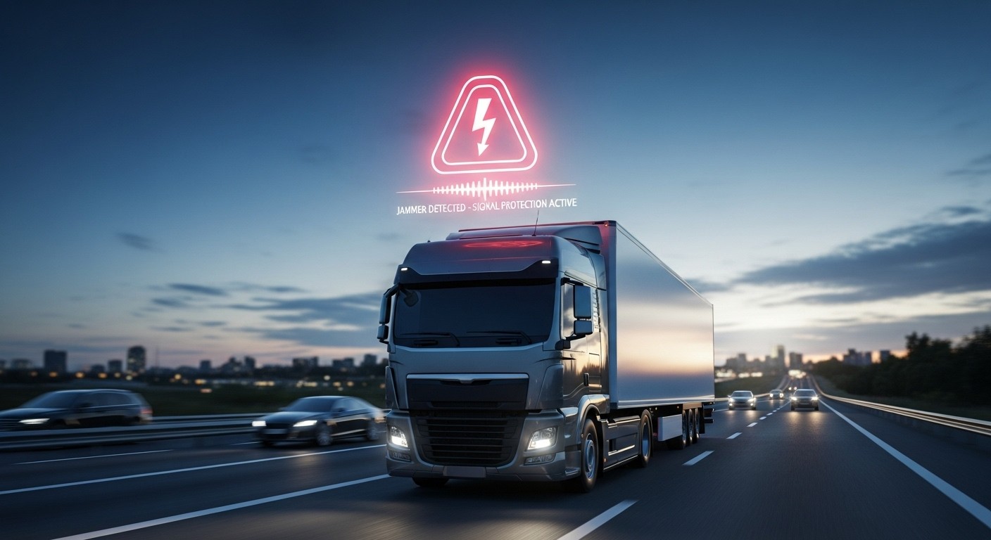 Camión de carga en carretera con un icono rojo flotante que indica alerta de interferencia GPS (Jammer), mostrando protección en tiempo real y señalización de seguridad tecnológica.