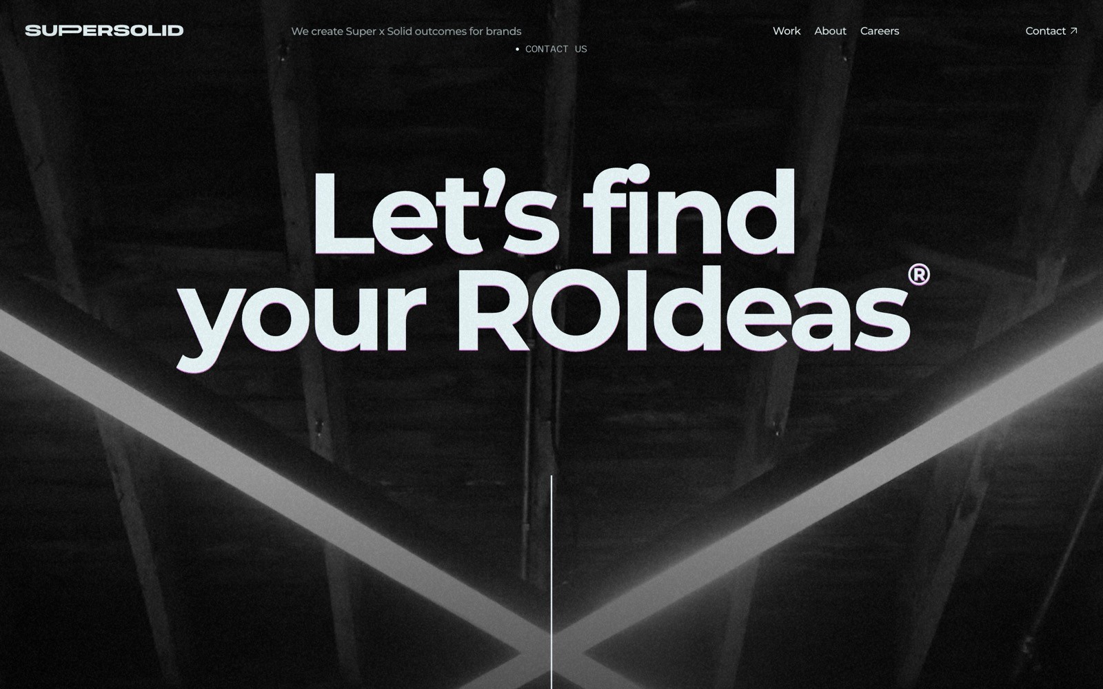 Black and white website header with bold text: "Let's find your ROIdeas®." Roof structure and diagonal white lines in the background.