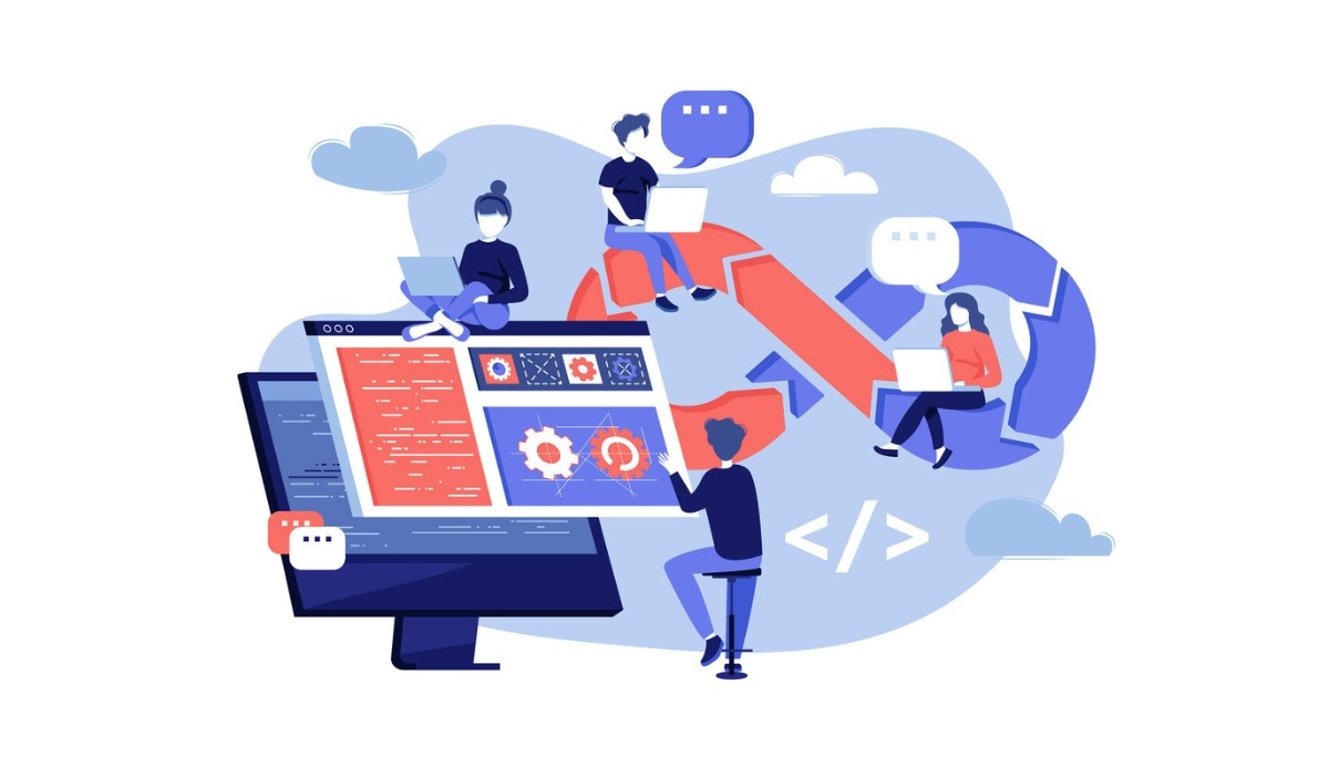 Illustration of global team collaborating on coding and system design around a large monitor.