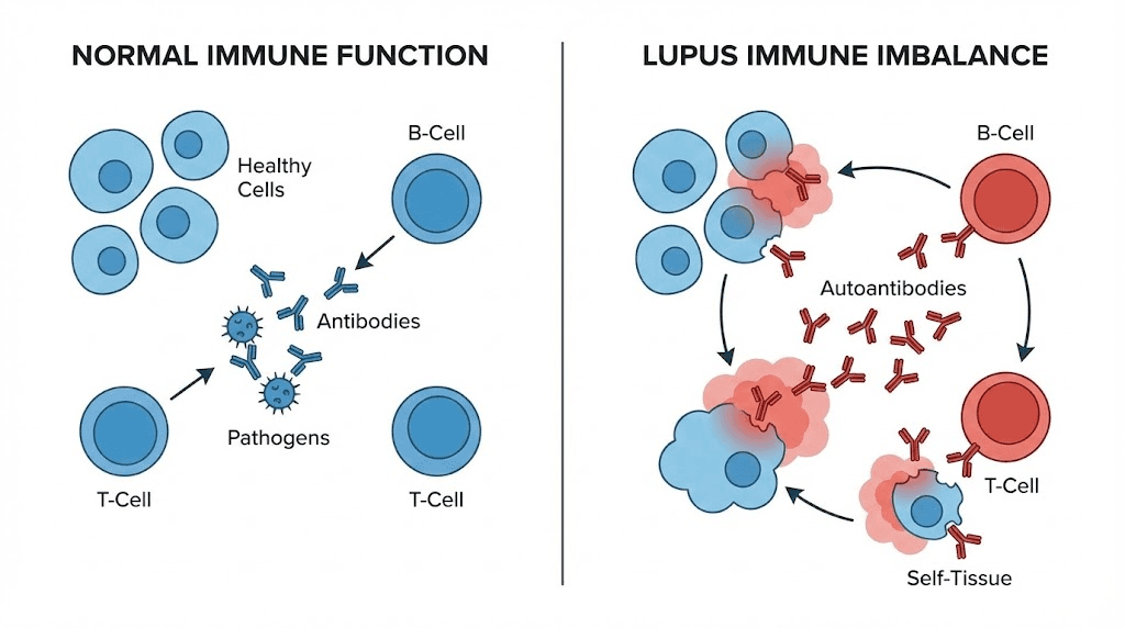 Lupus immune system diagram showing autoantibody attack on healthy tissue