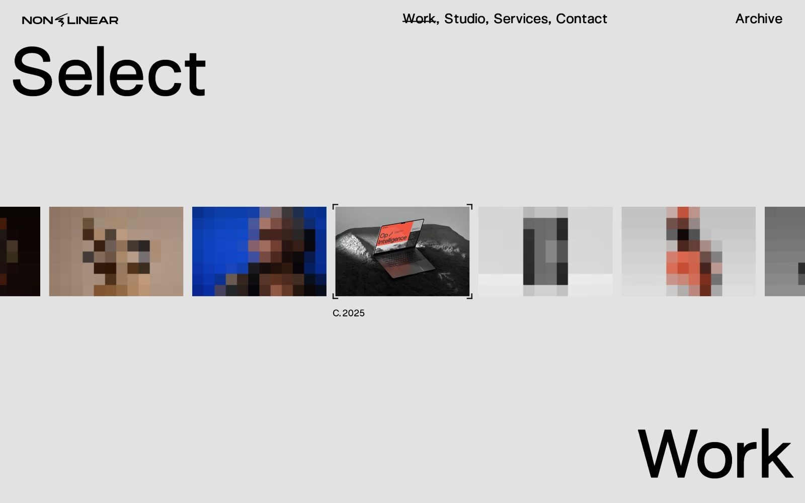Horizontal gallery of pixelated images with "NONLINEAR" logo, "Select" text, and navigation links: Work, Studio, Services, Contact, Archive.