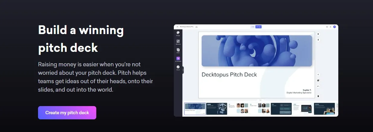 Image showing a guide or tool for building a pitch deck, with key steps or features highlighted, such as design templates, funding request details, and visual aids for creating an impactful presentation.