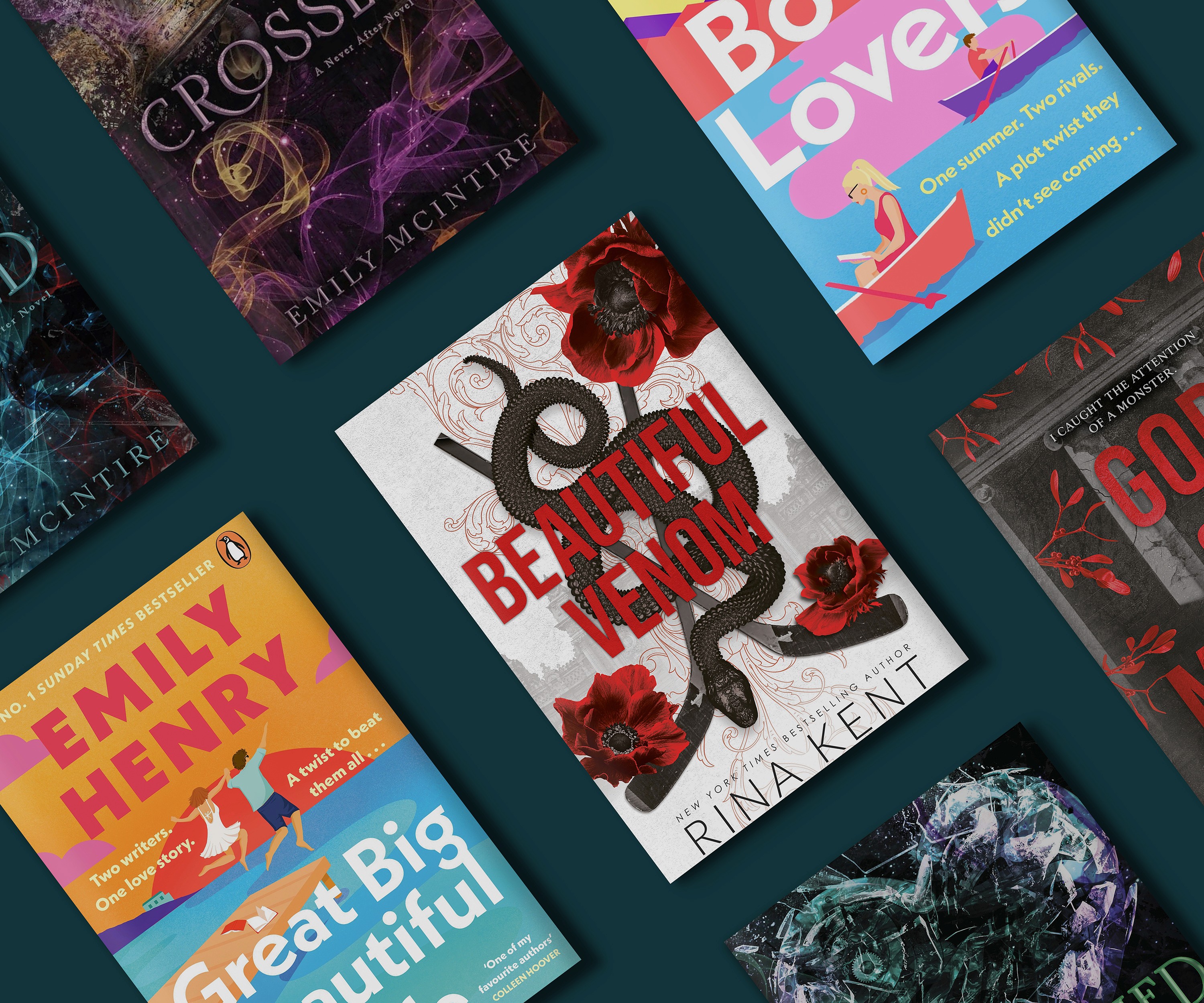 Angled fiction book-cover mockups on dark teal, including Beautiful Venom and Emily Henry titles.