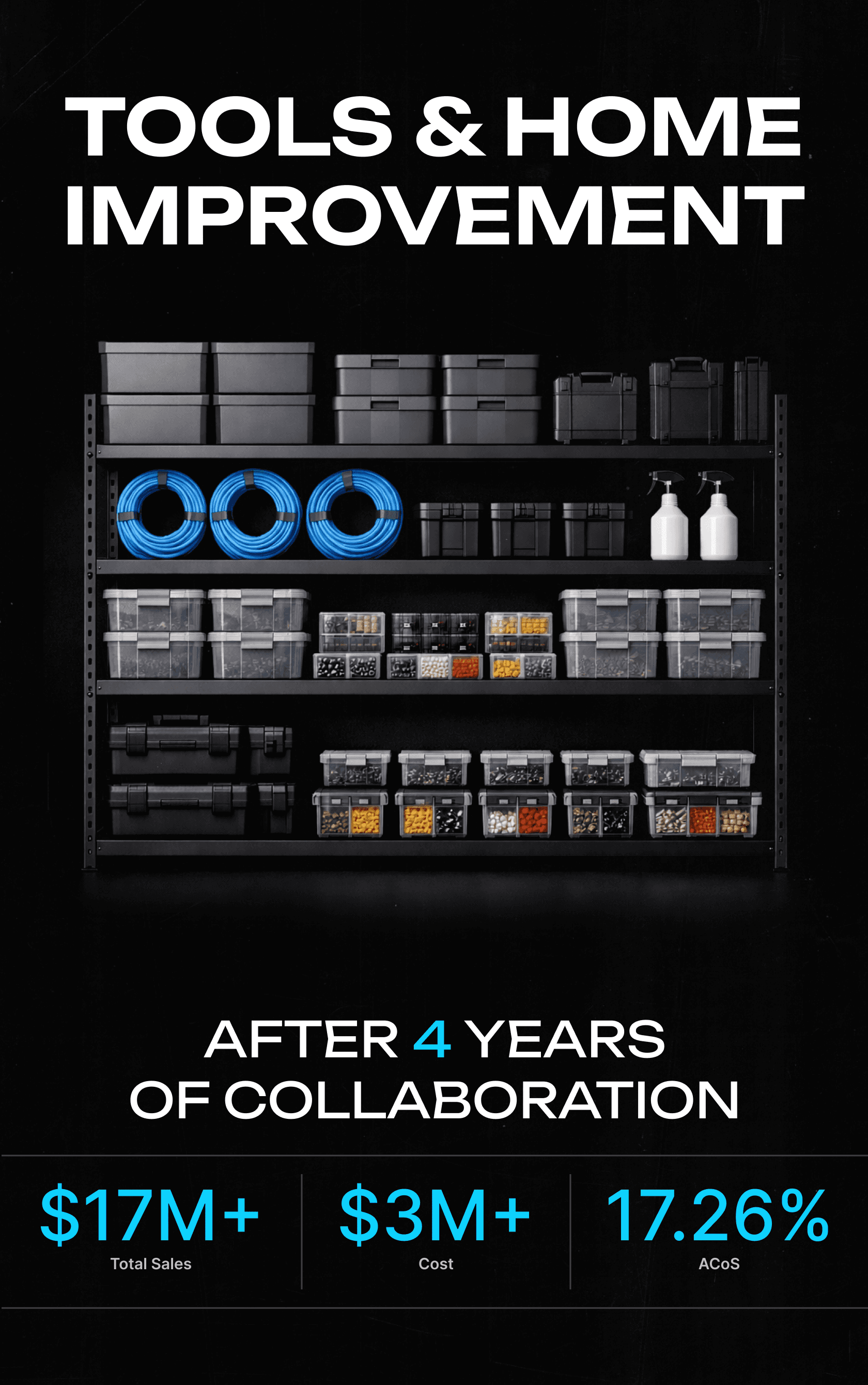 Stacked black plastic storage bins with tools inside, placed in a garage or workshop near a pegboard and window