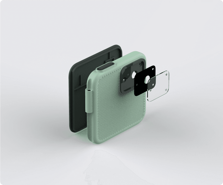 Exploded view of the portable action camera, displaying its engineering components, including the lens, battery, PCB, and internal parts, designed for compact and efficient performance.