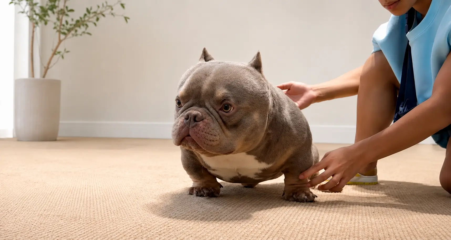 Lilac Exotic Bully standing indoors while being evaluated by a breeder.