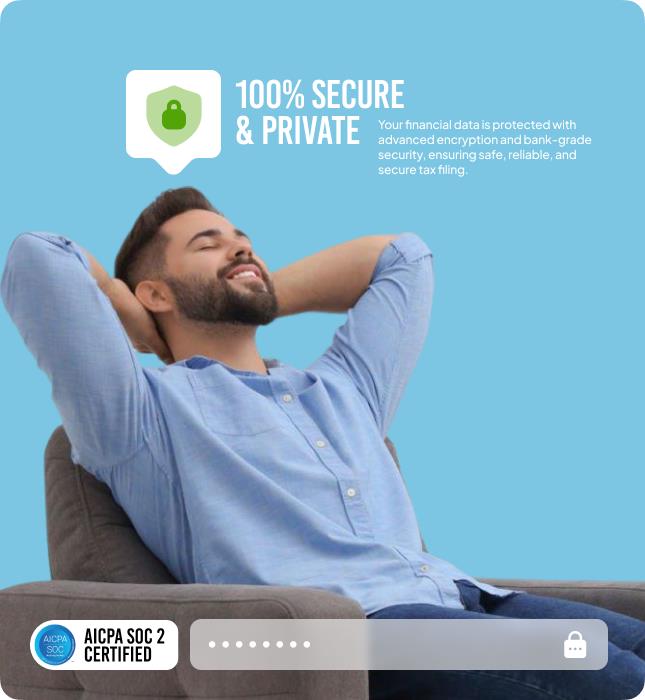 Employee relaxing with peace of mind after completing secure tax filing, with visual emphasis on bank-grade encryption, AICPA SOC 2 certification, and complete employer privacy protection