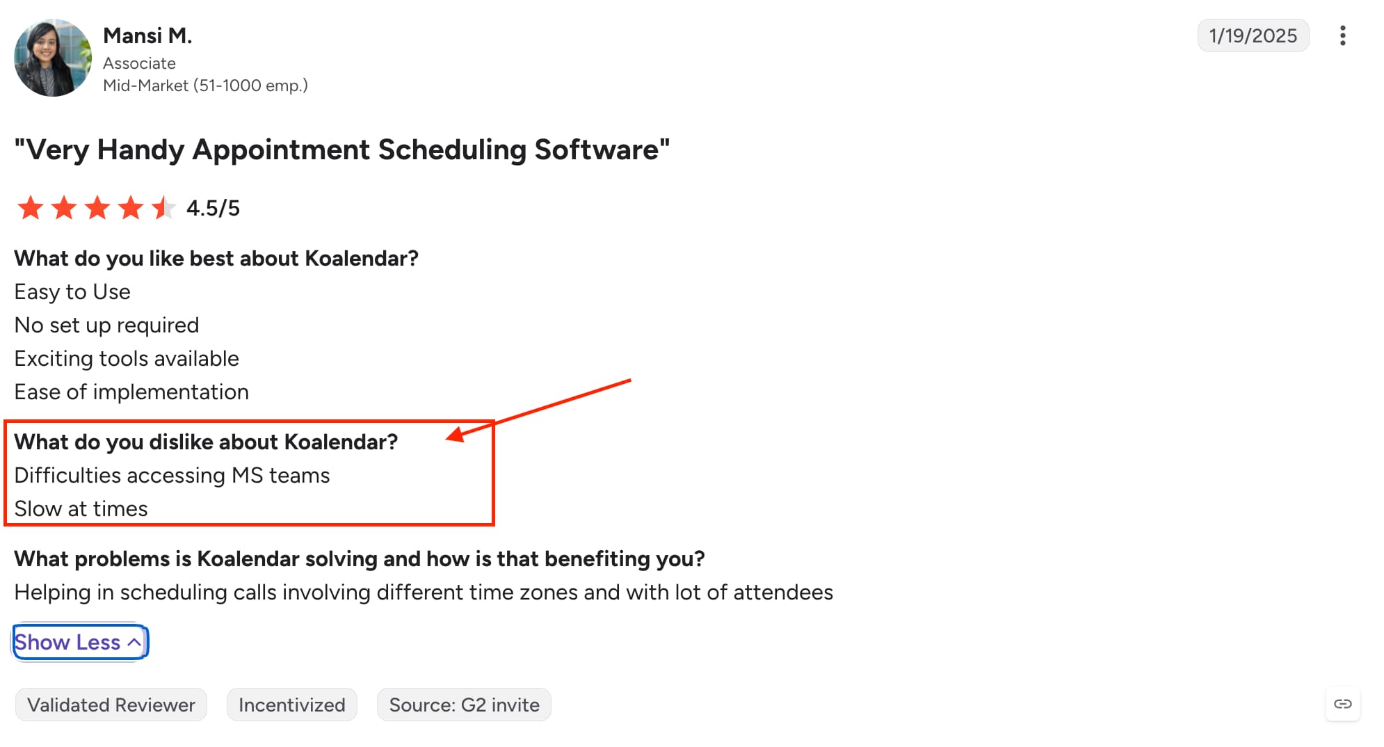 G2 review mentioning Koalendar microsoft team difficulty accessing