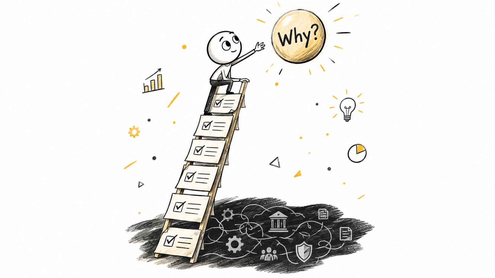 A cartoon illustration showing a person climbing a ladder of checklists to reach the glowing word Why.