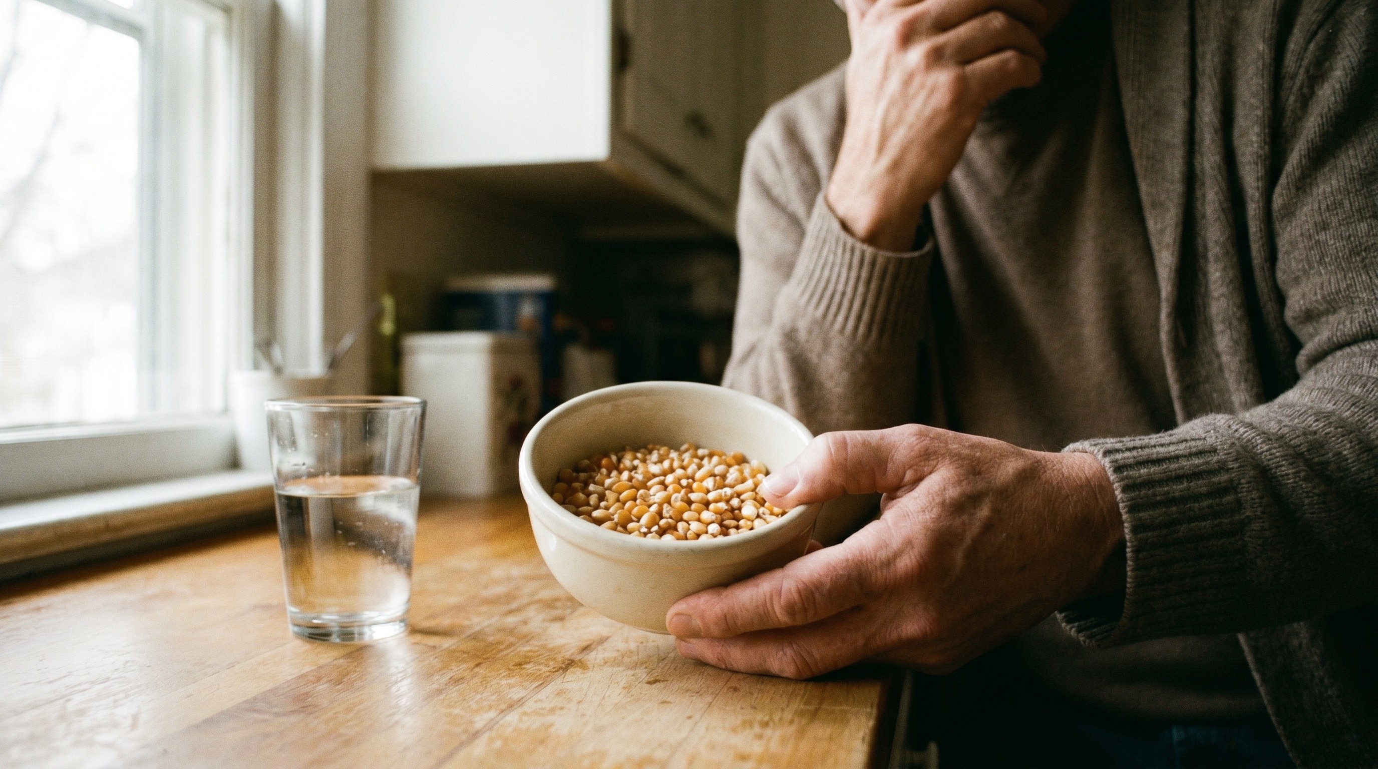 Person holding bowl of unpopped popcorn kernels with hand resting against lower jaw