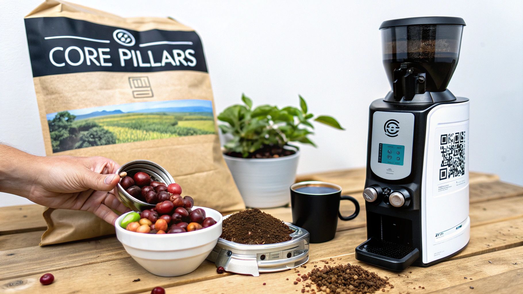 A coffee grinder, fresh coffee cherries, and ground coffee displayed with a coffee bag on a wooden table.