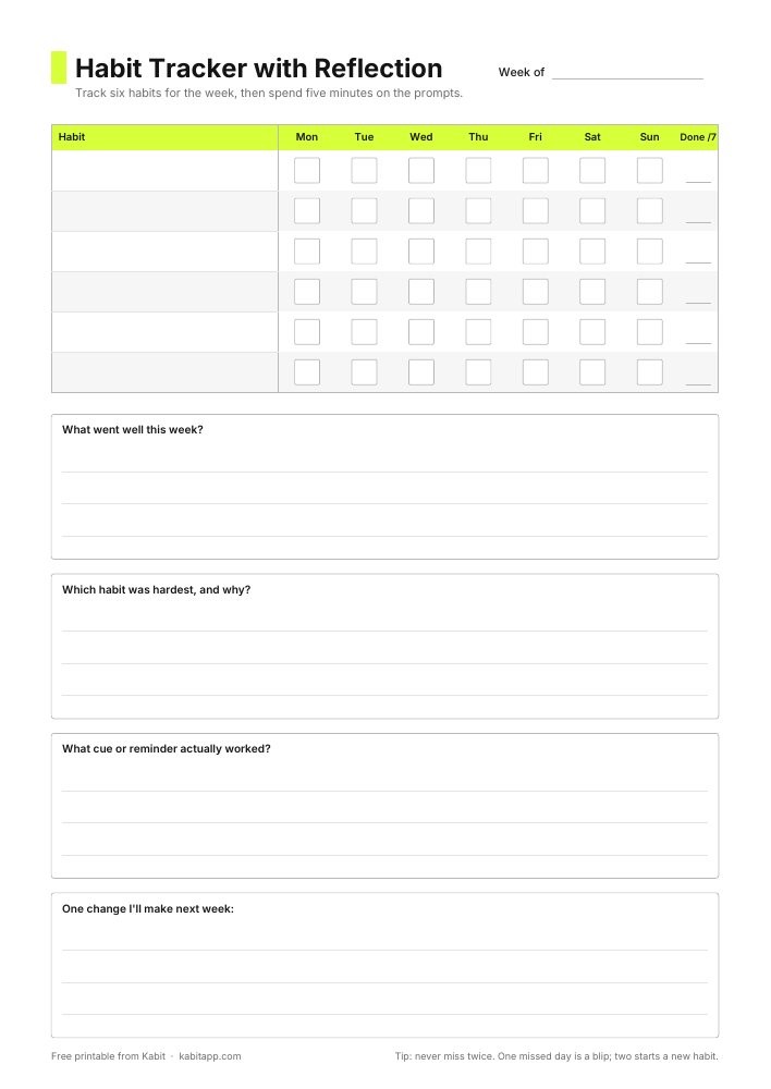 Habit tracker with reflection prompts printable PDF from Kabit