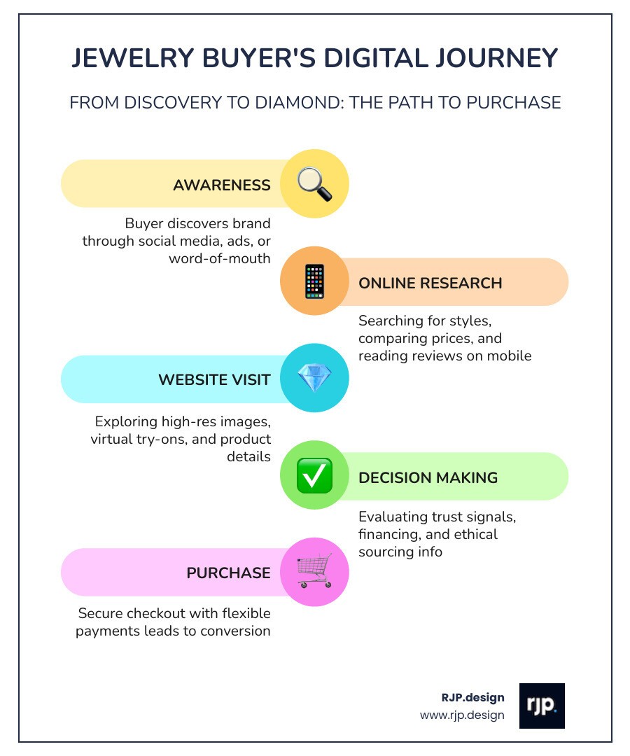 Jewelry buyer's digital journey infographic: awareness to online research to website visit to purchase decision - jewelry