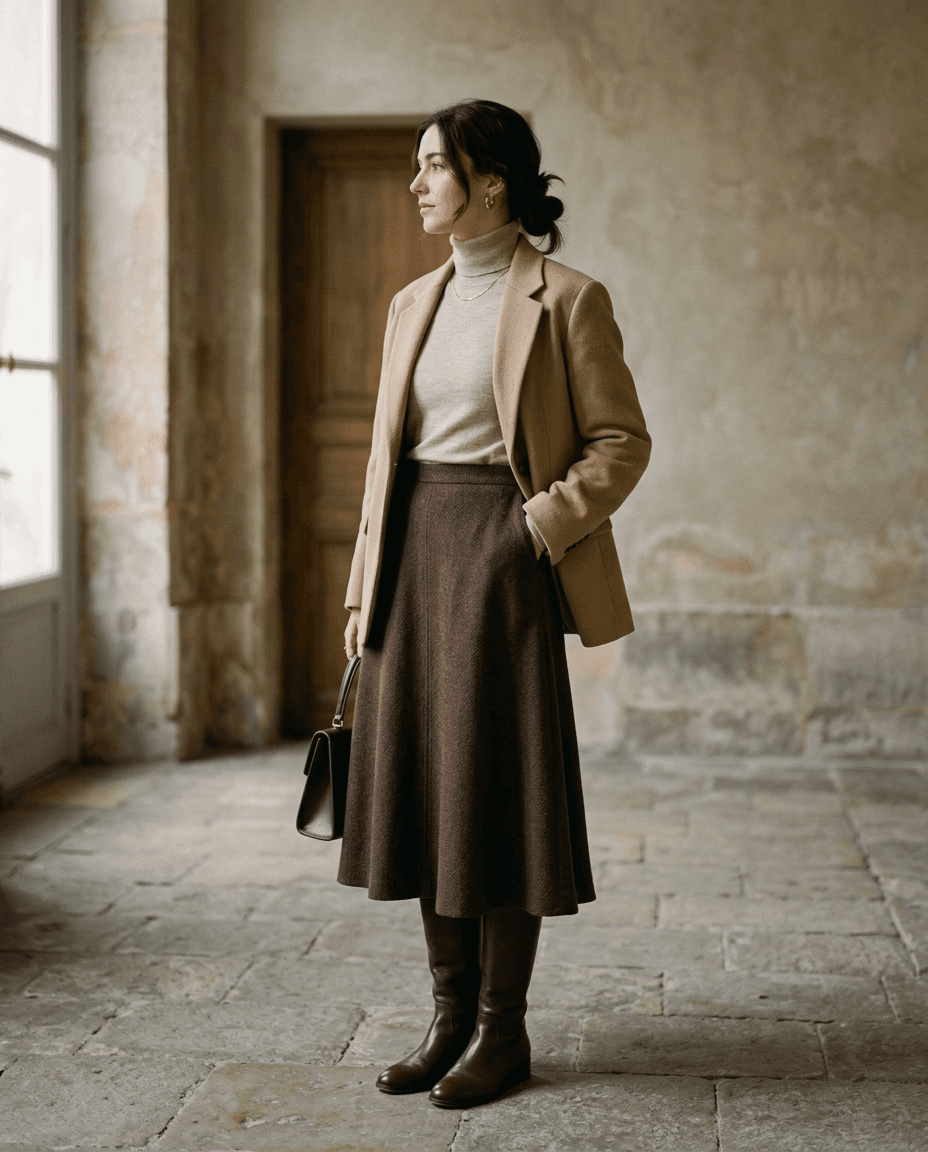 Chocolate A-Line Wool Skirt — Chocolate Brown — styled