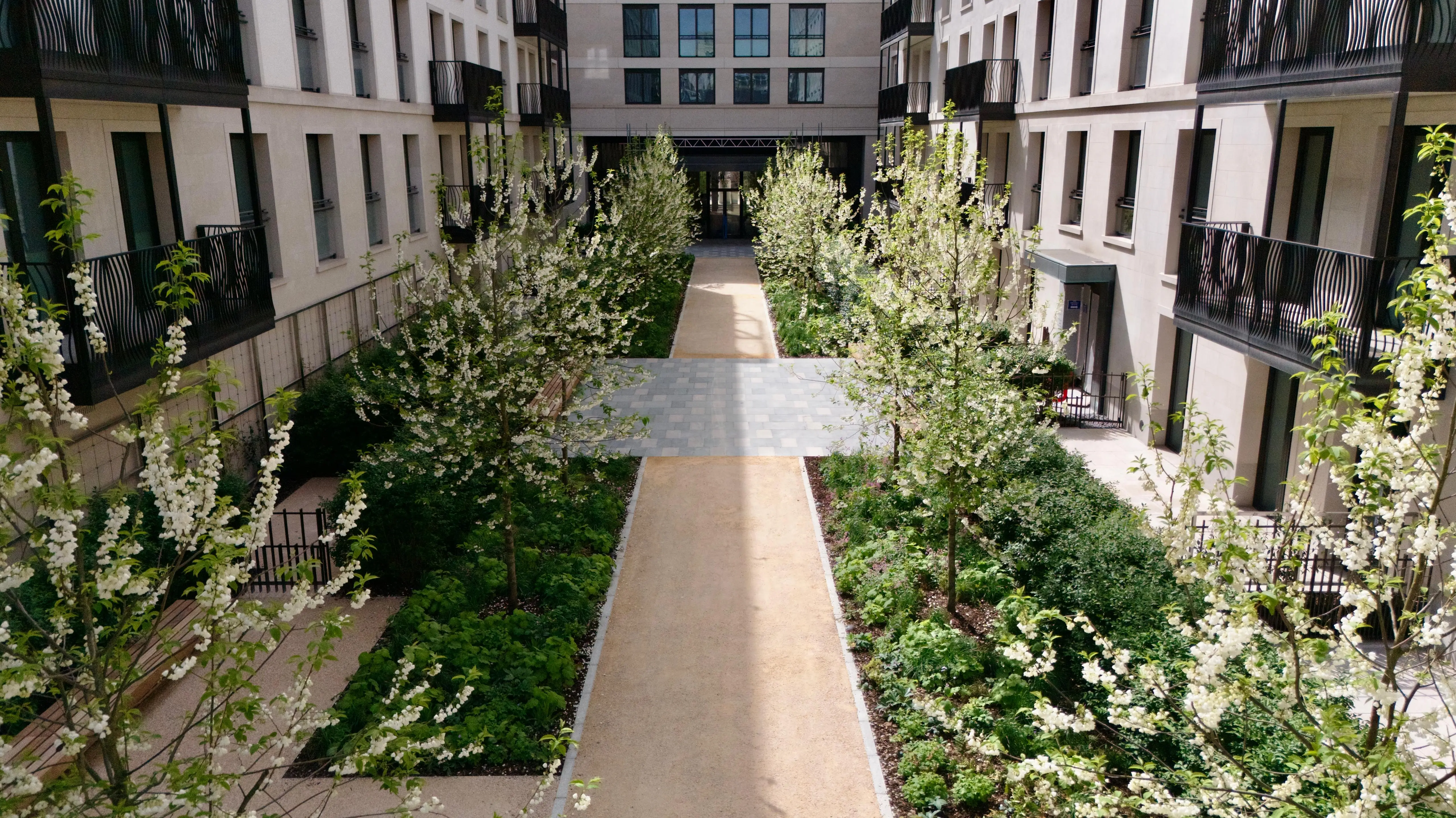A view of a landscaped courtyard surrounded by modern buildings, featuring greenery and walking paths.
