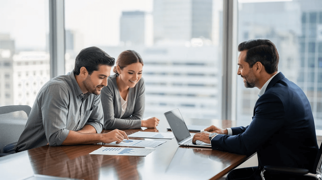 The image depicts a professional tax advisor seated at a table with a couple, as they review important financial documents. The advisor is explaining tax strategies and benefits, including capital gains tax and potential deductions, to help the couple optimize their tax efficiency and reduce their tax burden.