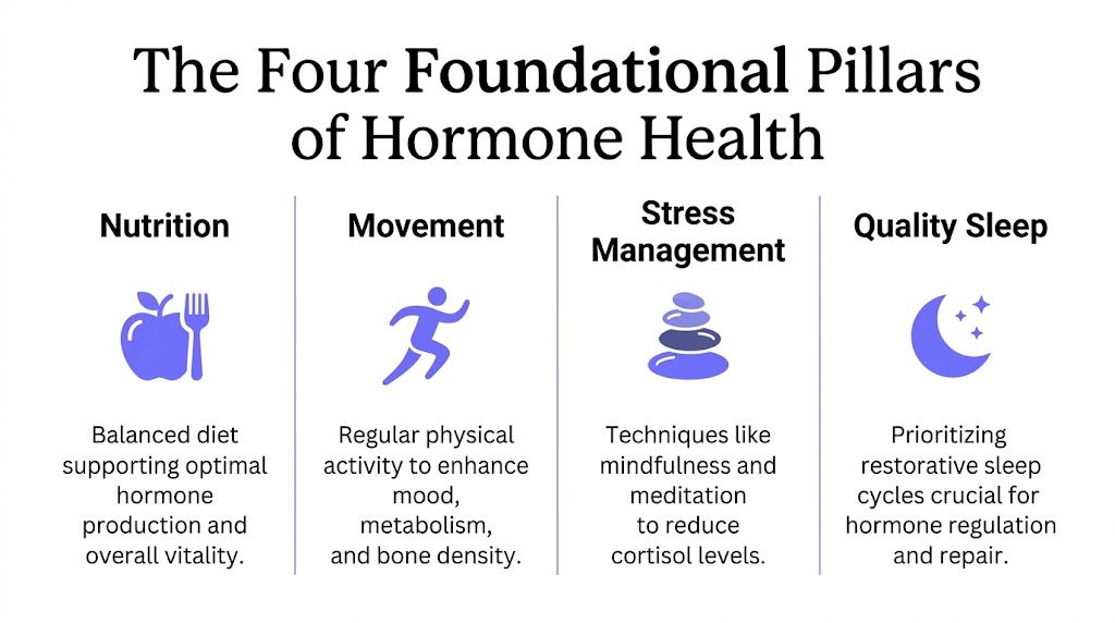 An infographic detailing the four essential pillars of hormone health including nutrition, movement, stress management, and sleep.