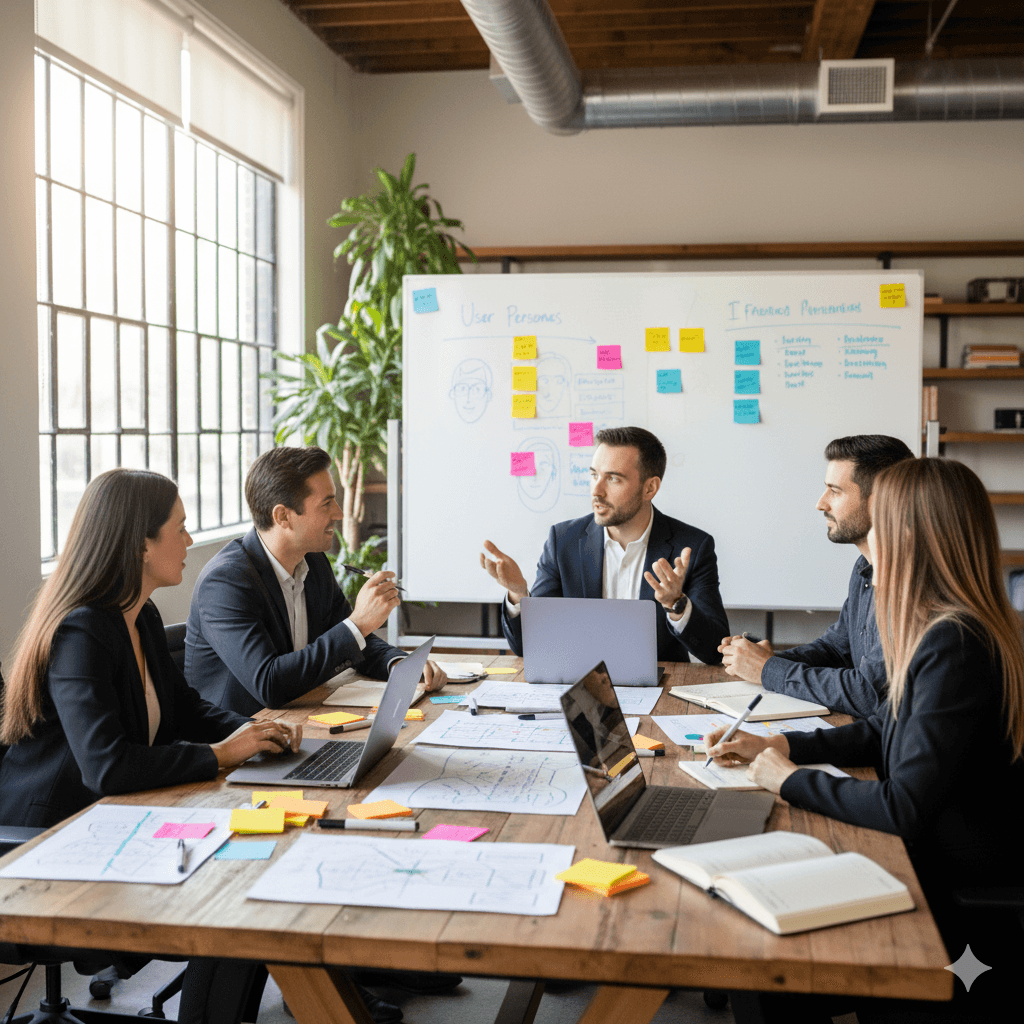 A close-up view of a person holding an "Actionable Insights Brief" document featuring yellow and gray data visualizations, bar charts, and key metrics. A small succulent plant in a white pot and a laptop are visible on the minimalist white desk by a window.