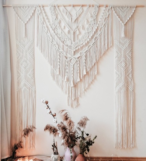 Extra large handmade macrame tapestry with long fringe and layered design