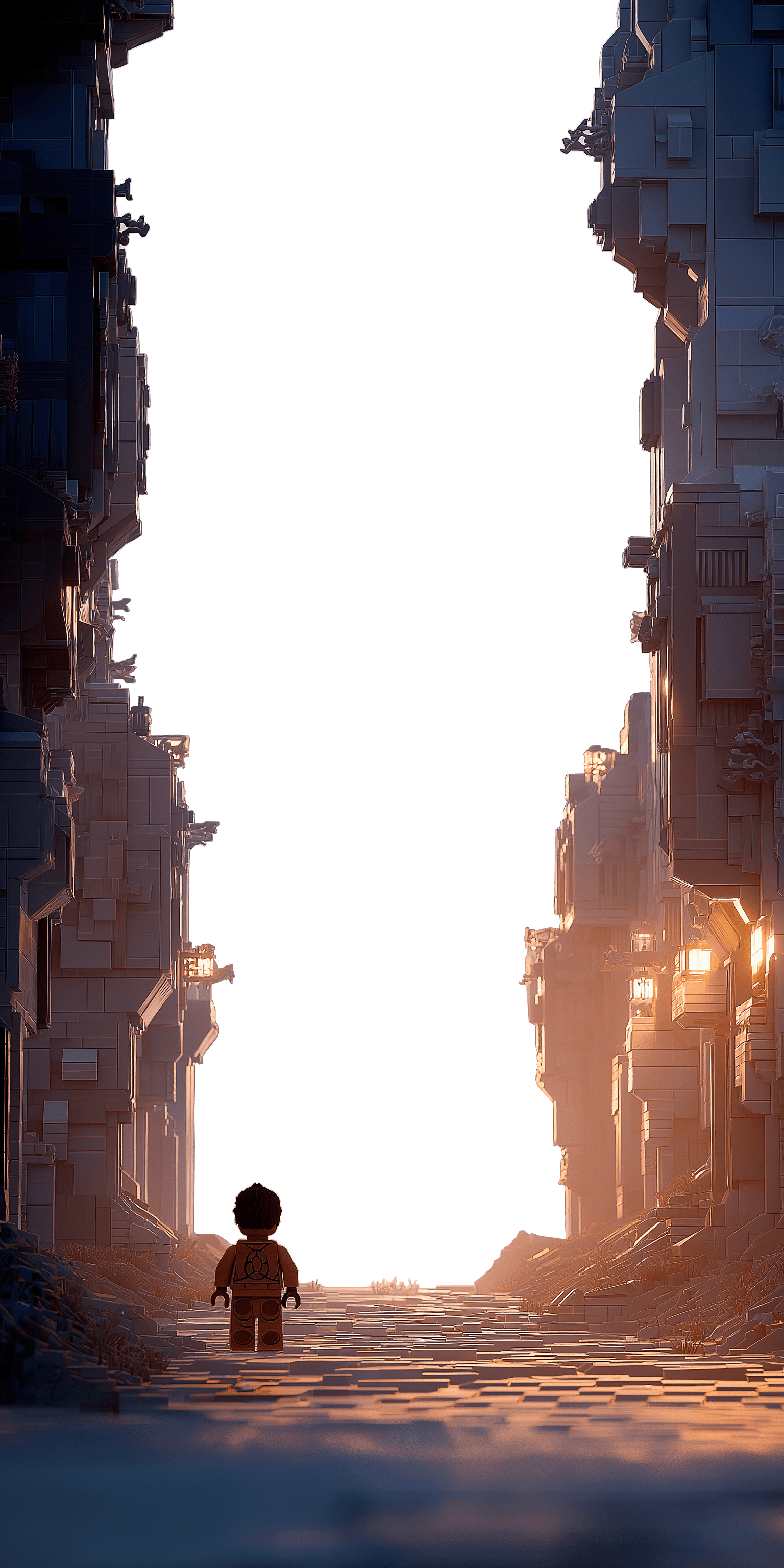 The foreground of the parallax image, it consists of tall buildings made from LEGO with a soft glowing light. It includes a LEGO pathway and a small LEGO figure walking towards the light.