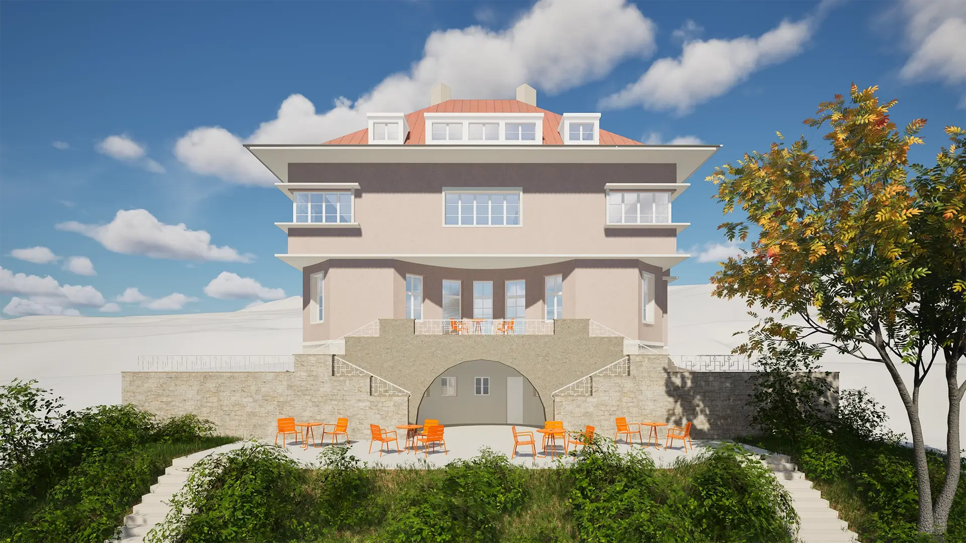 Vizualizace Vily Heller s terasami. Historický dům, který zachraňujeme a měníme na živé centrum pro setkávání.