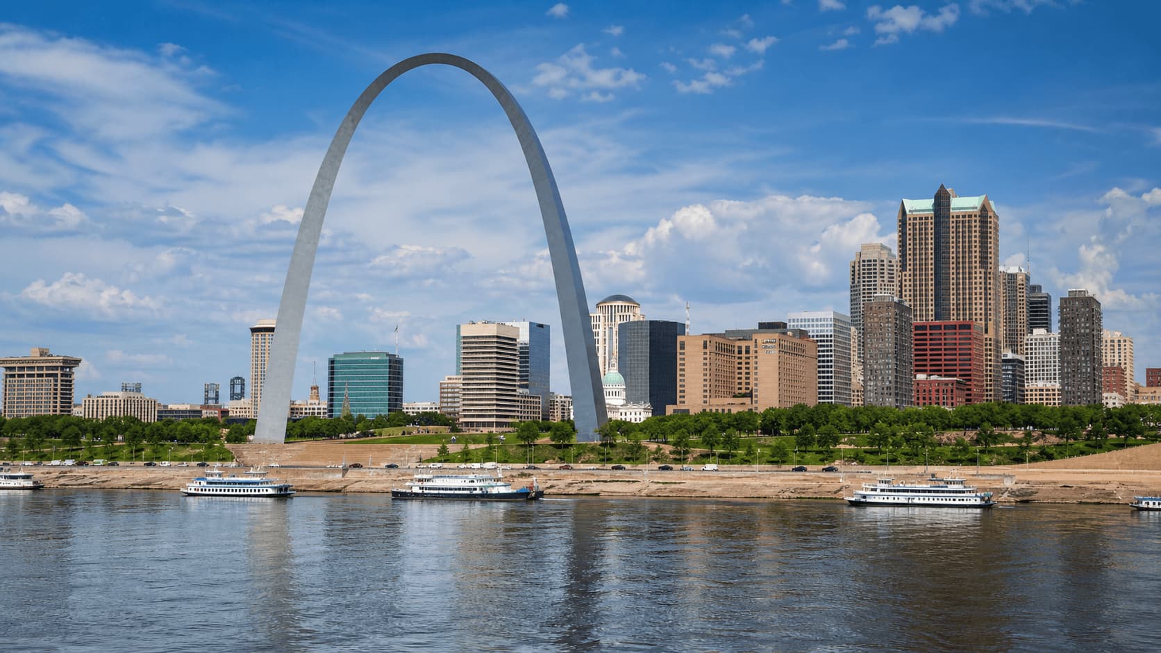 St. Louis Gateway Arch with skyline and riverfront view