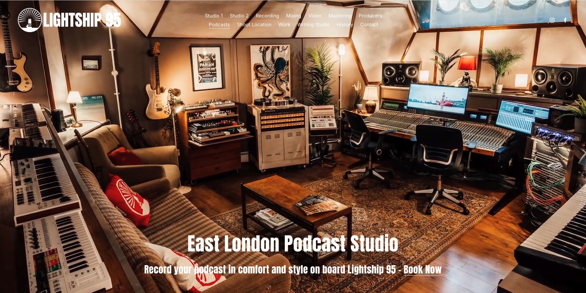 Screenshot of the homepage for East London Podcast Studio near East India DLR, analysed in this guide alongside Creative Kin Podcast Studio’s proximity to Canary Wharf and ExceL London.
