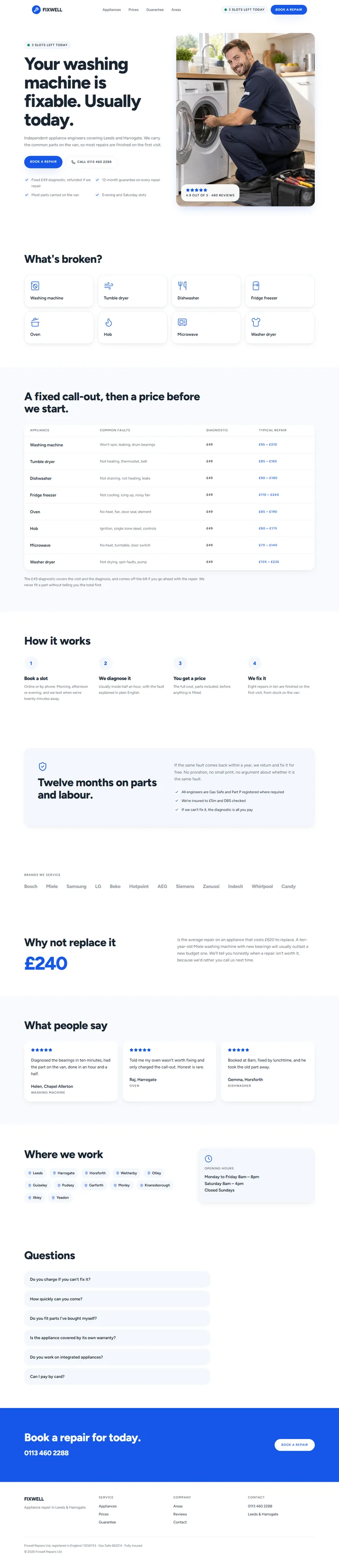 Full page of an AI-generated appliance repair website with hero, appliance picker, price table, guarantee, brands and reviews