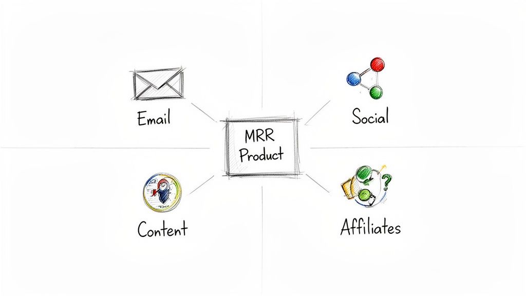 Diagram showing an MRR Product connected to Email, Social, Content, and Affiliates channels.